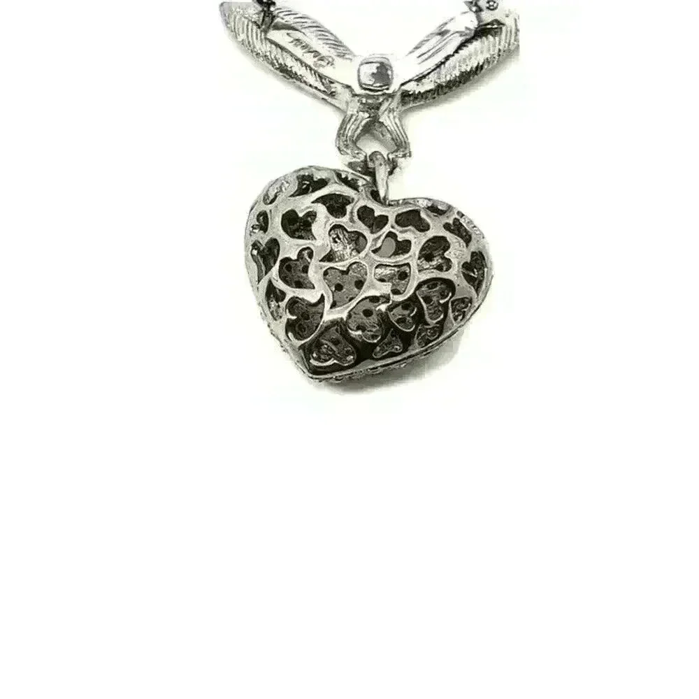 Vintage silver PUFFY HEART Charm Rhinestone Brooch Bow Signed CORO Pierced